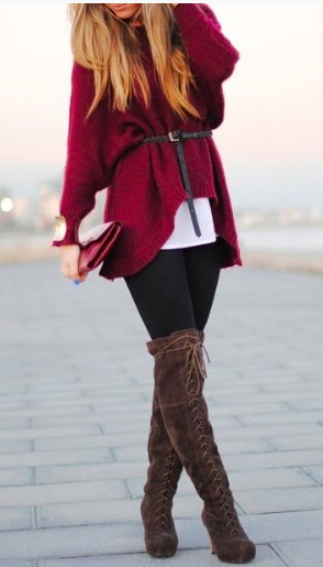 Gorgeous Merlot sweater cinched at the waist! 